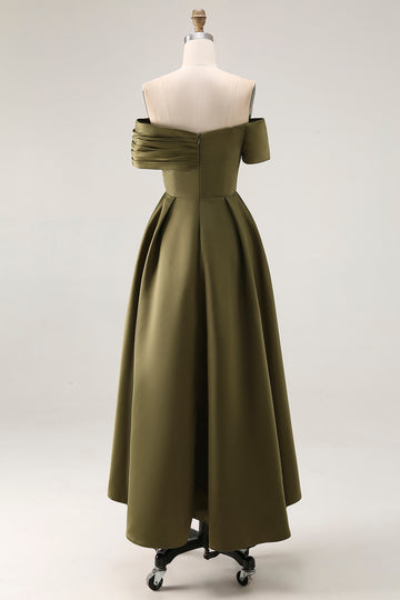 Off the Shoulder Ruched Olive Midi Mother of the Bride Dress